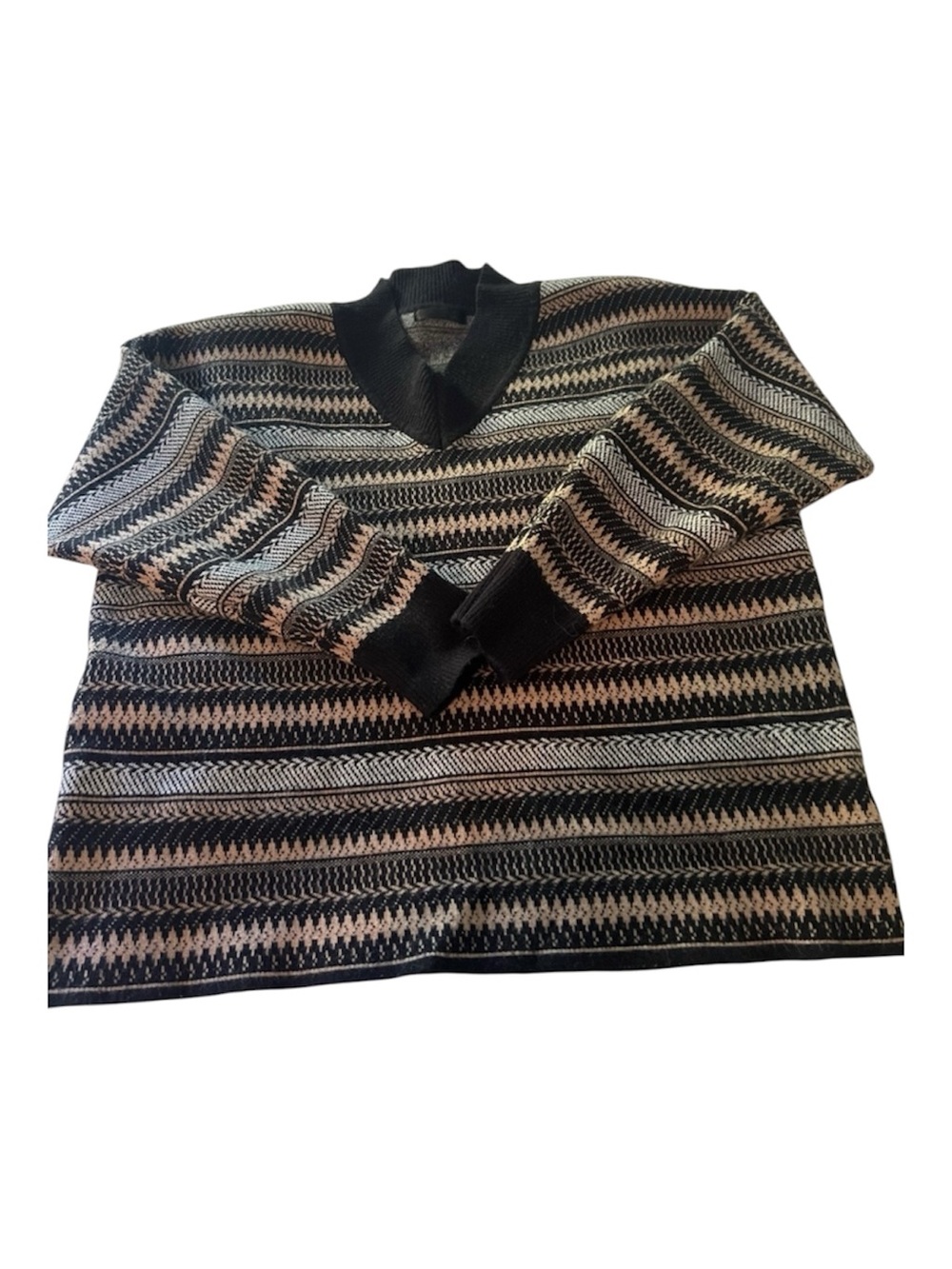 Men's Striped Knit V-Neck Sweater - Black & Beige